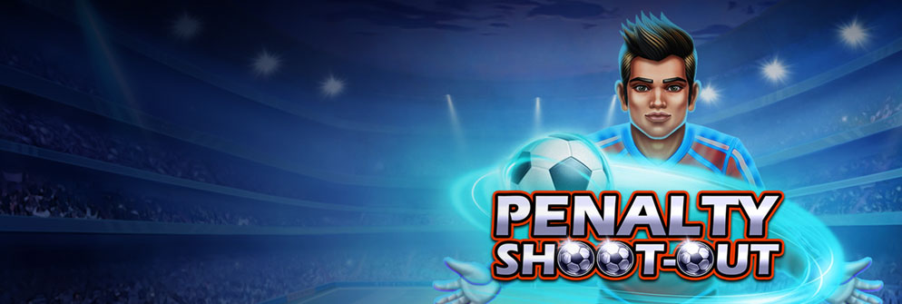 Penalty Shoot-out game logo featuring a soccer player with a glowing ball against a nighttime stadium background