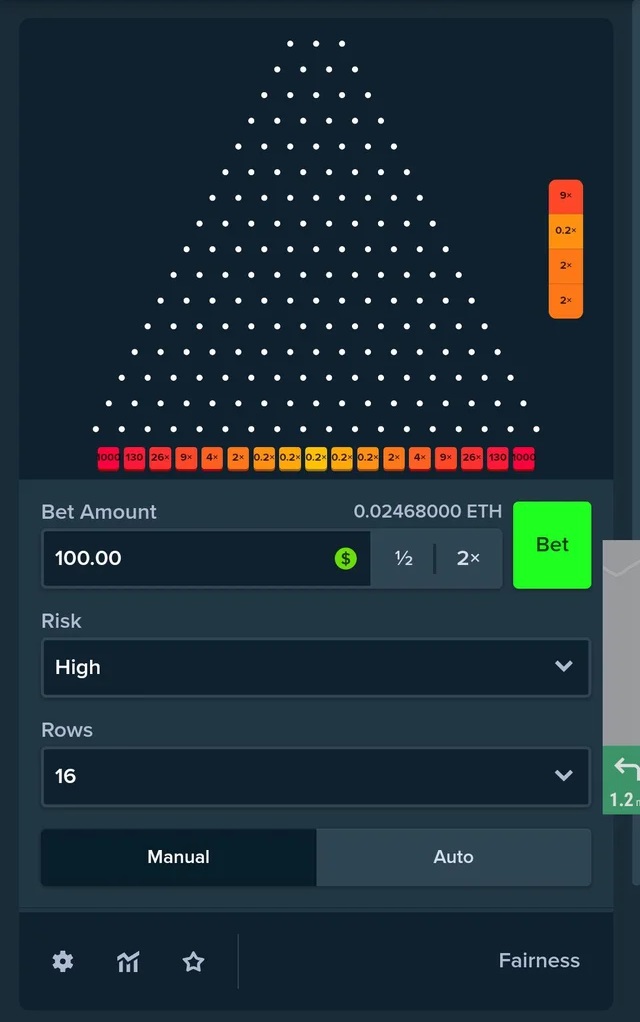 Screenshot of the Plinko game interface showing a triangular pegboard with various payout slots at the bottom, including a bet amount of 100.00 and high risk selected.