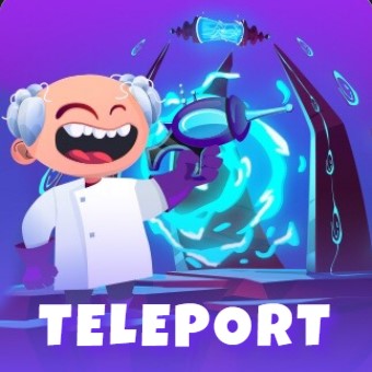 Illustration of the Teleport game featuring a smiling scientist with a device, with the word "TELEPORT" displayed prominently.