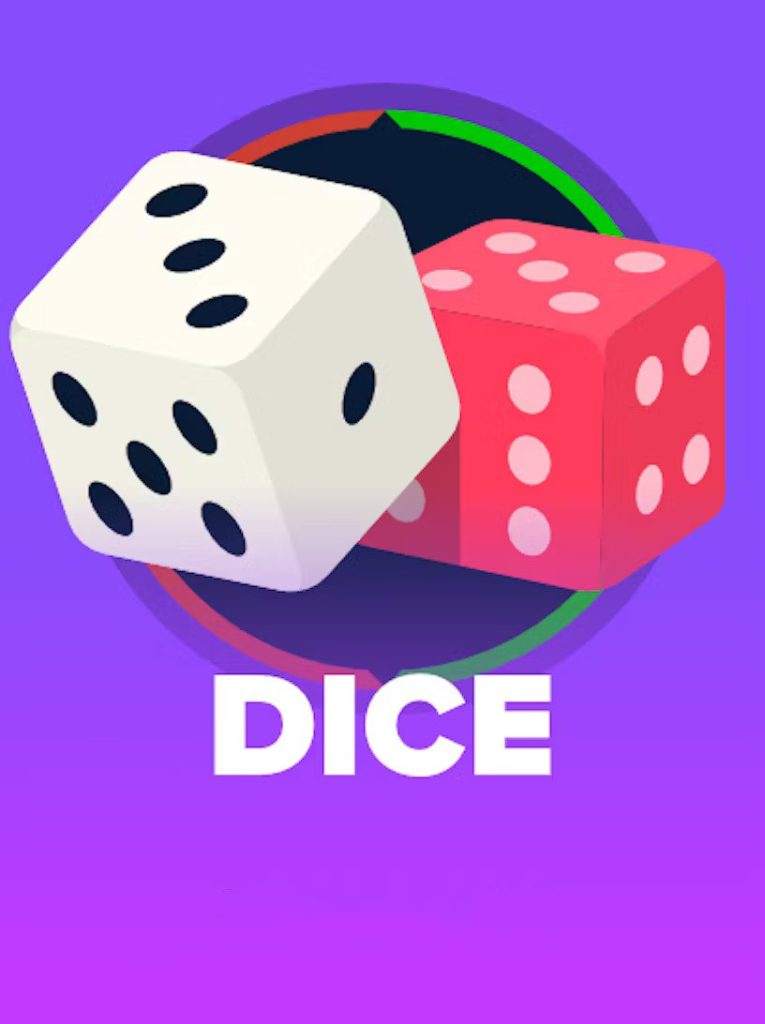 Illustration of a white and red dice with the word 'DICE' below on a purple background.