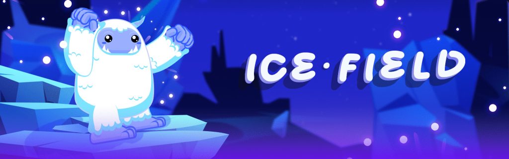 Banner for the Icefield game featuring a cartoon yeti sitting on ice, with a snowy and icy background