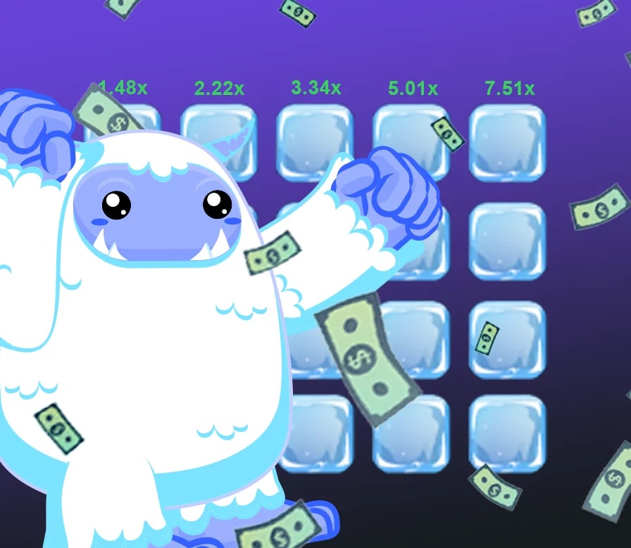 Cartoon yeti character celebrating with money floating around. Tiles in the background show multipliers of 1.48x, 2.22x, 3.34x, 5.01x, and 7.51x