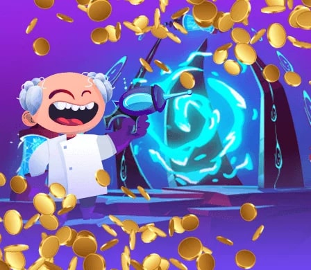 Animated character, a scientist, joyfully holding a device with coins falling around, standing in front of a glowing portal.