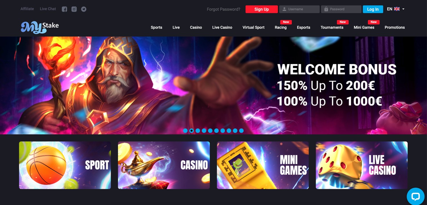 Página principal de MyStake Casino mostrando un banner promocional con un personaje de mago con corona y barba sosteniendo una antorcha mágica, anunciando un bono de bienvenida de 150% hasta 200€ y 100% hasta 1000€. La interfaz incluye un menú superior con opciones como Sports, Live, Casino y otros servicios.